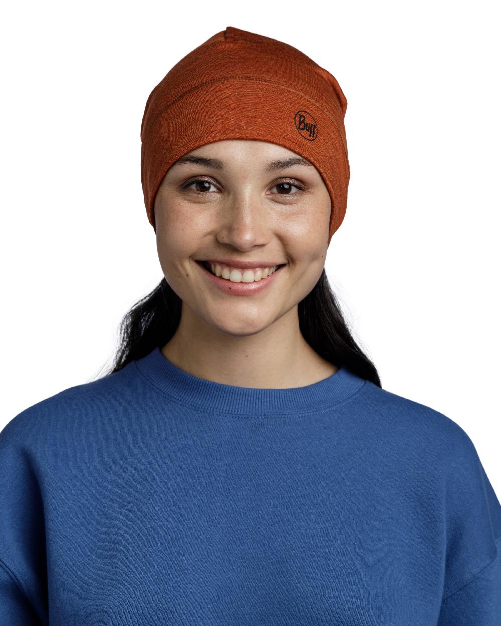 Cinnamon Coloured Buff Merino Midweight Beanie on white background