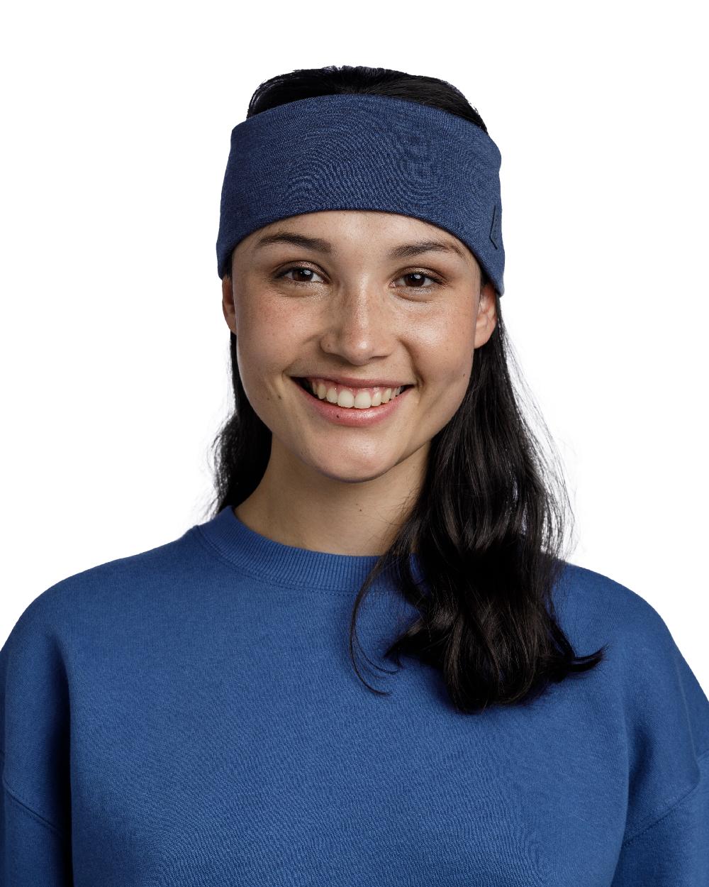 Night Blue Coloured Buff Merino Wide Headband on white background