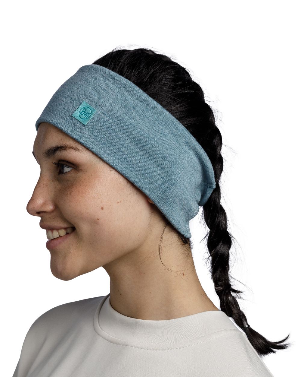 Pool Coloured Buff Merino Wide Headband on white background