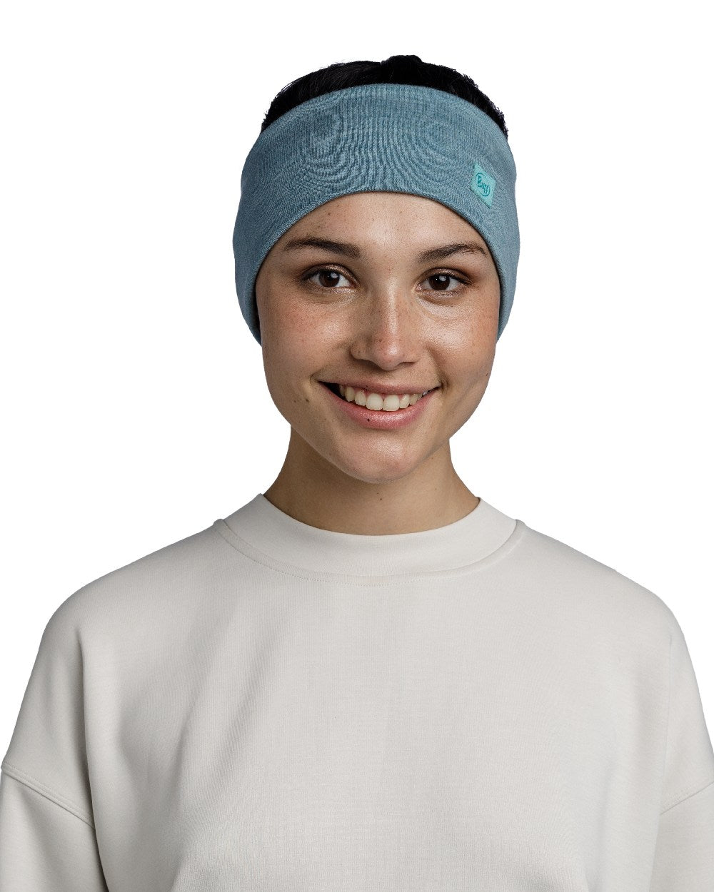 Pool Coloured Buff Merino Wide Headband on white background