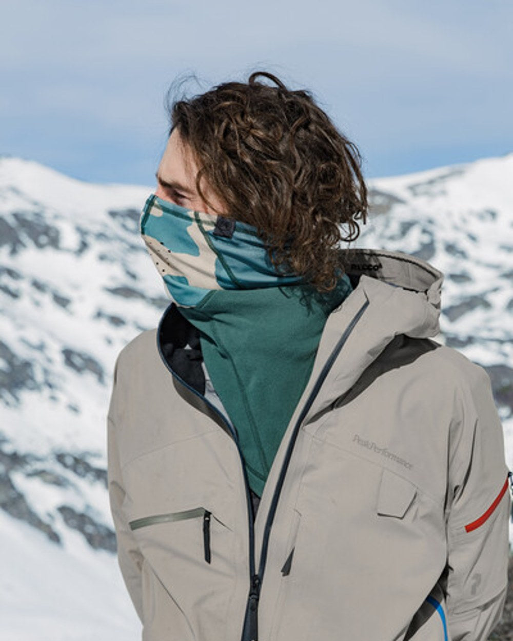 Silversage Coloured Buff Mountain Bandana on snow background