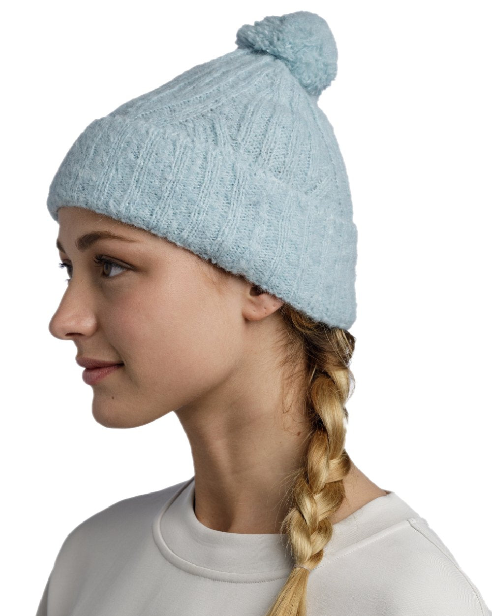 Pool Coloured Buff Nerla Knitted Beanie on white background