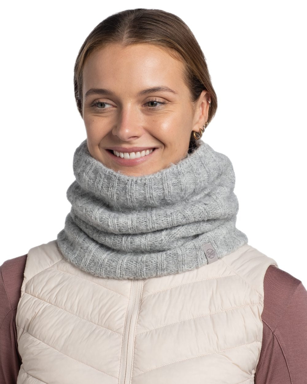Grey coloured Buff Nerla Knitted Neck Warmer on white background