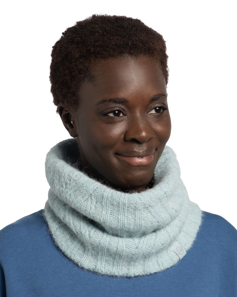 Pool coloured Buff Nerla Knitted Neck Warmer on white background