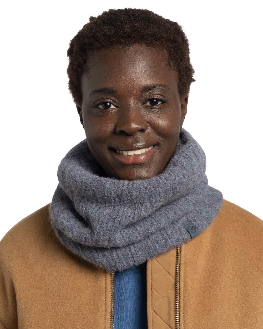 Water coloured Buff Nerla Knitted Neck Warmer on white background