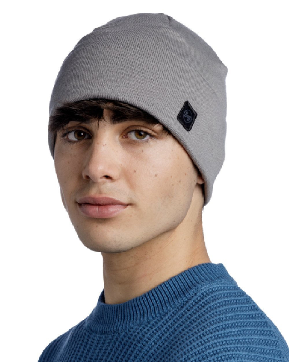 Grey Coloured Buff Niels Knitted Beanie on white background