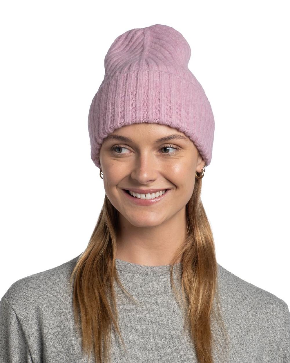 Camellia Coloured Buff Nilah Knitted Beanie on white background
