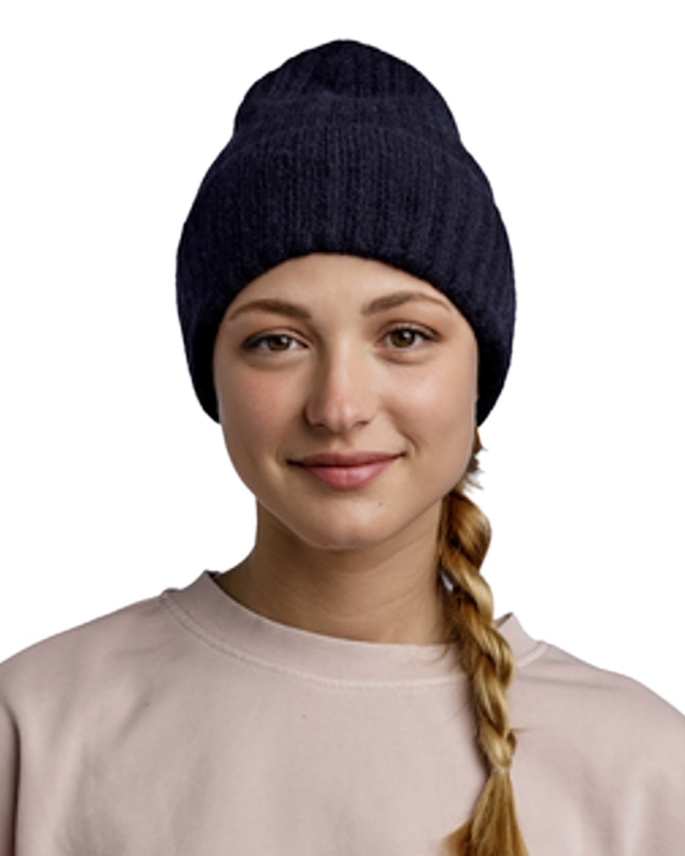 Night Blue Coloured Buff Nilah Knitted Beanie on white background