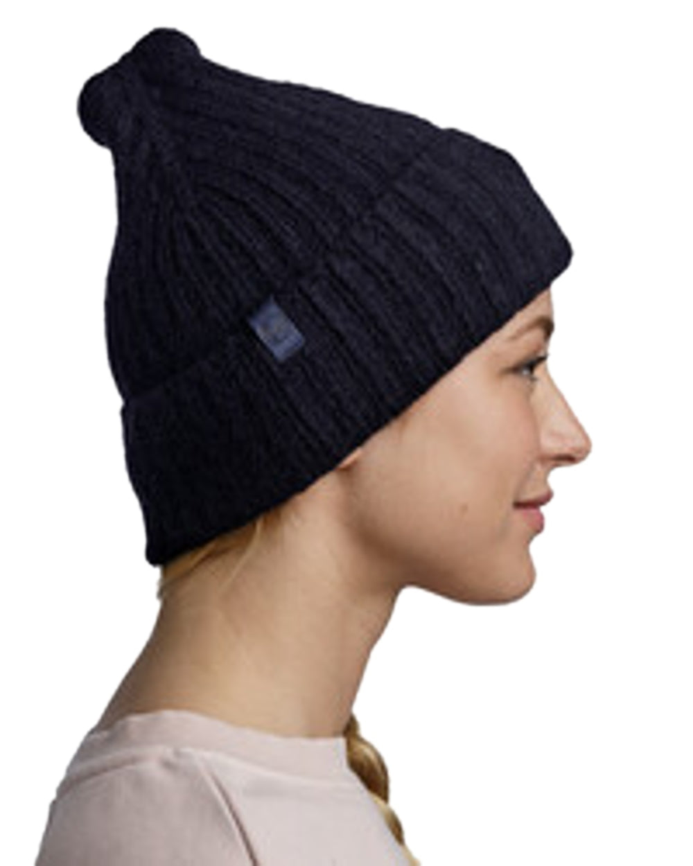Night Blue Coloured Buff Nilah Knitted Beanie on white background