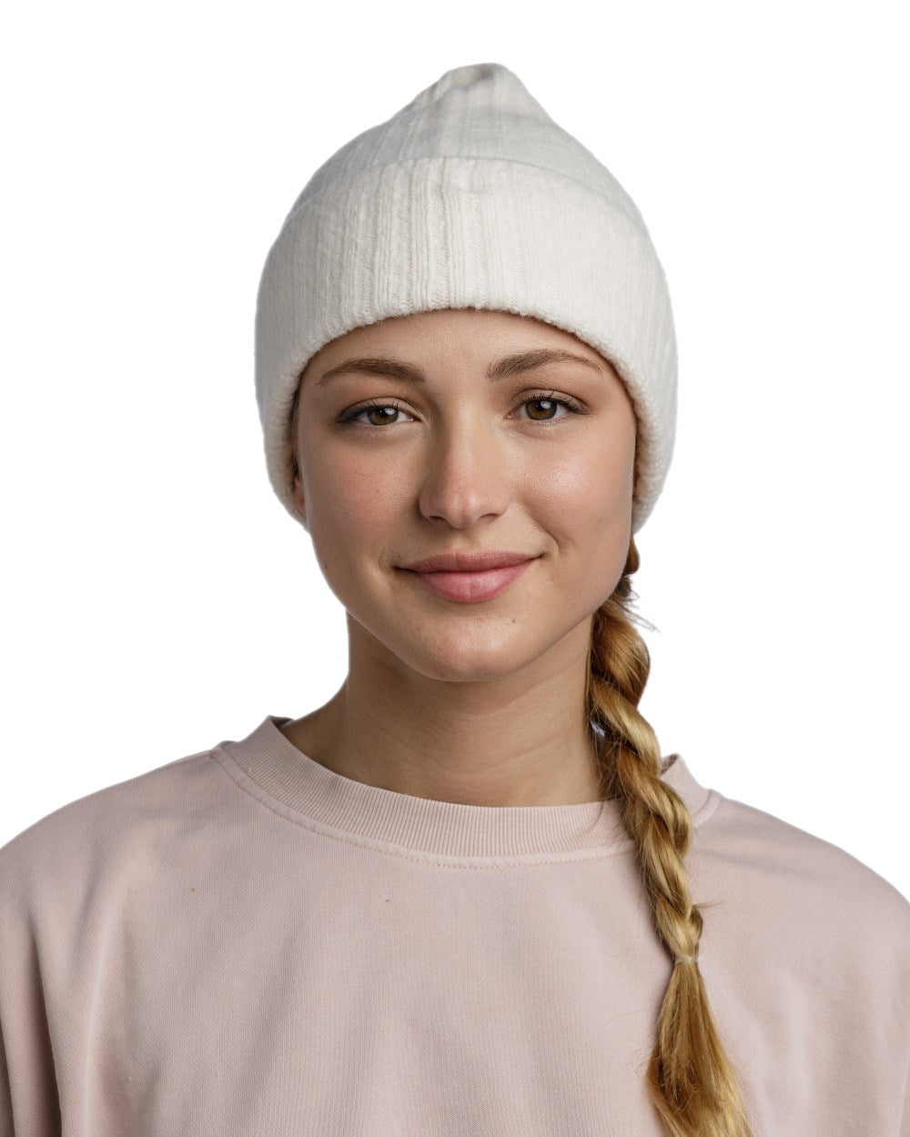 Ice Coloured Buff Nilah Knitted Beanie on white background