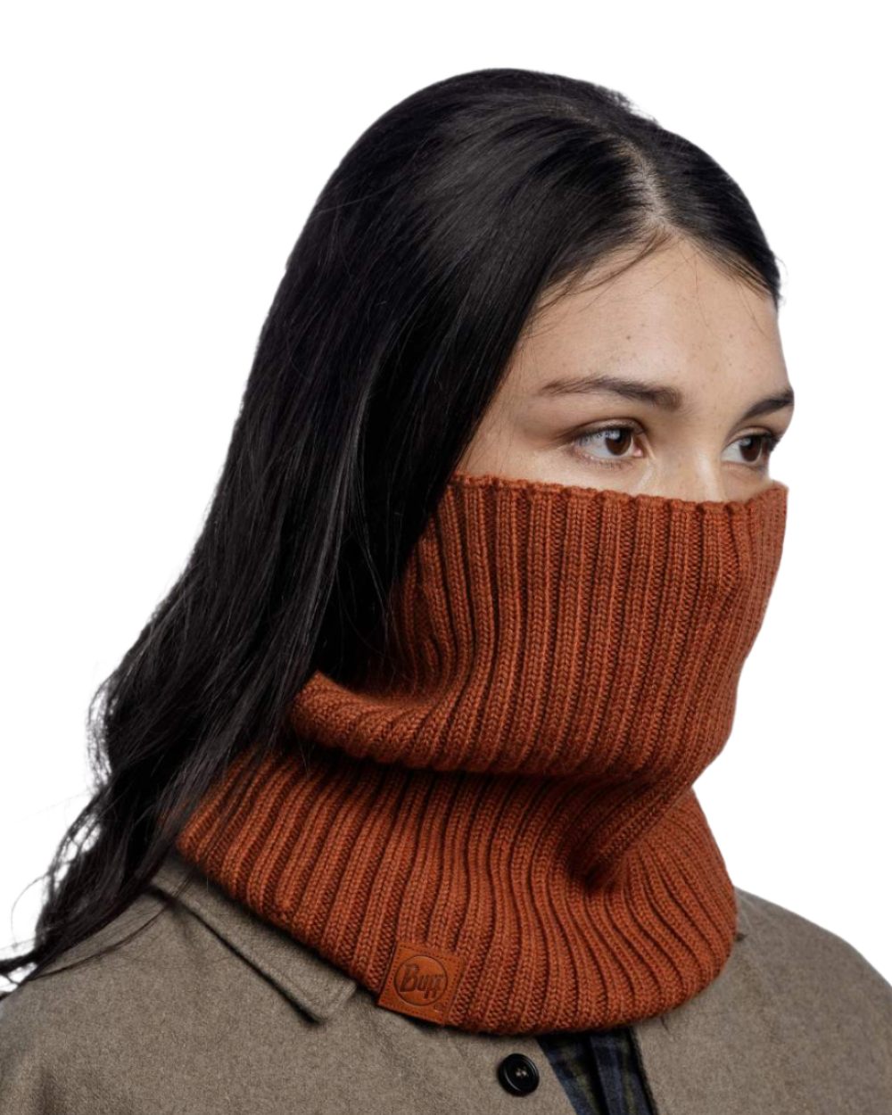 Cinnamon coloured Buff Norval Merino Wool Knitted Neck Warmer on white background
