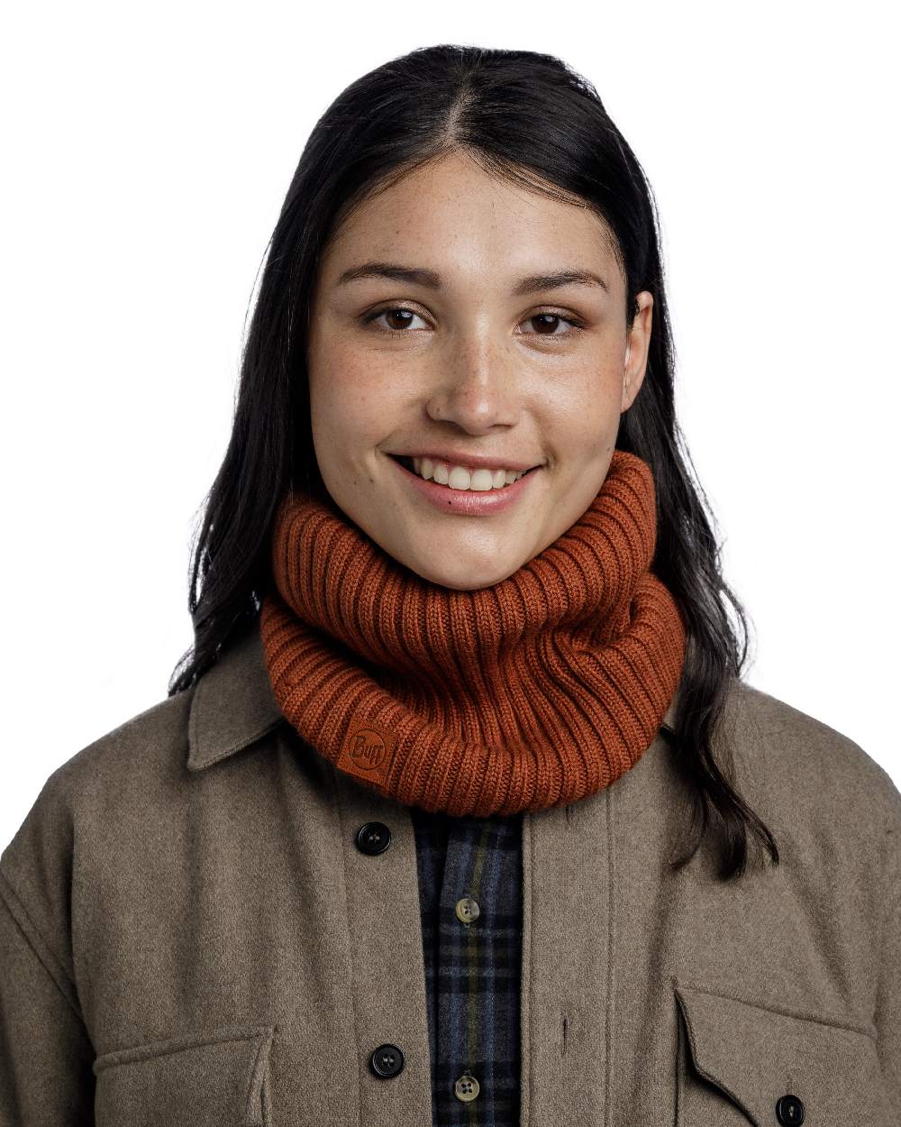 Cinnamon coloured Buff Norval Merino Wool Knitted Neck Warmer on white background