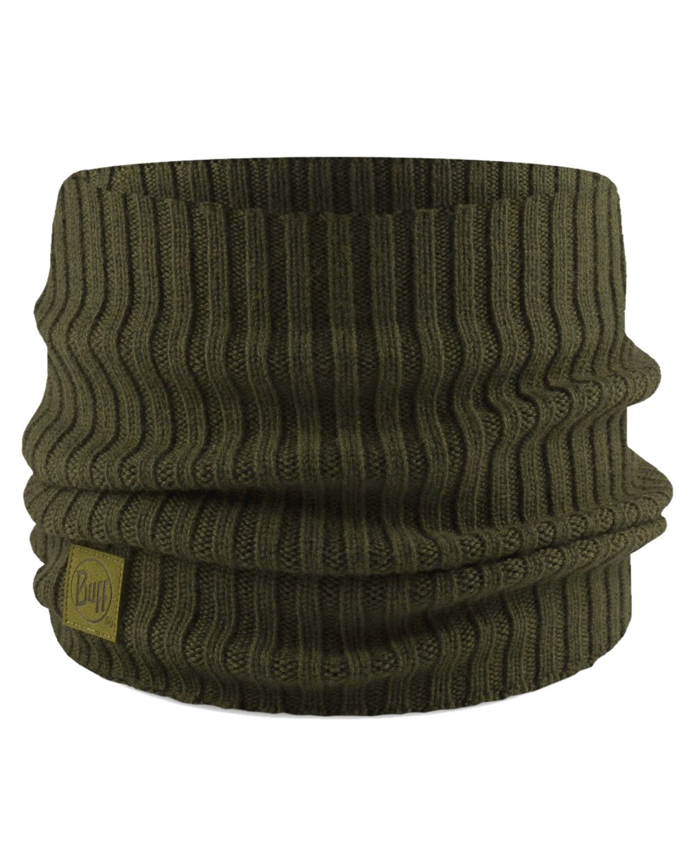 Forest coloured Buff Norval Merino Wool Knitted Neck Warmer on white background