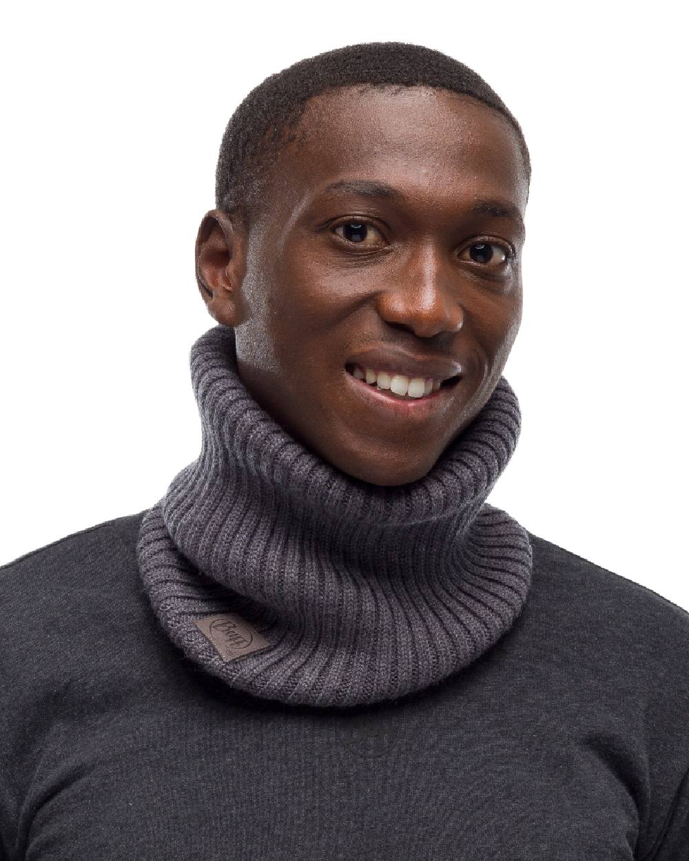 Grey coloured Buff Norval Merino Wool Knitted Neck Warmer on white background