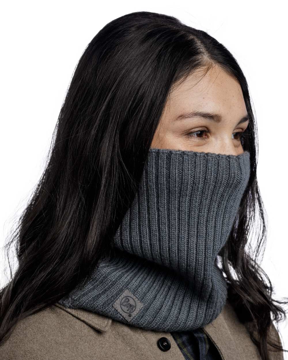 Grey coloured Buff Norval Merino Wool Knitted Neck Warmer on white background