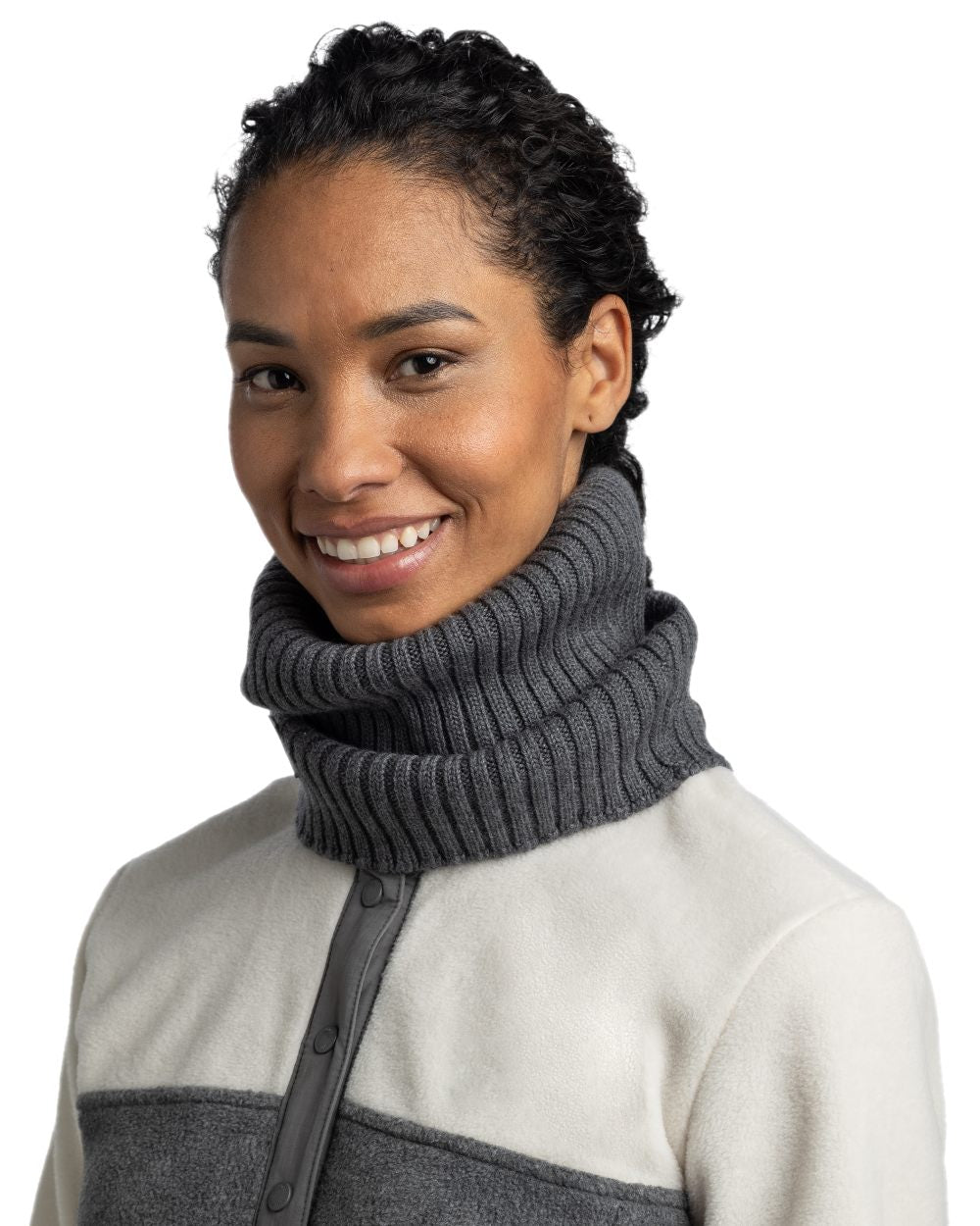 Heather Grey Coloured Buff Norval Merino Wool Knitted Neck Warmer on white background