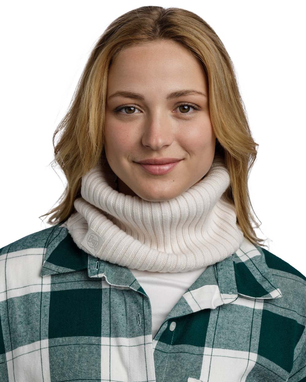 Ice Coloured Buff Norval Merino Wool Knitted Neck Warmer on white background
