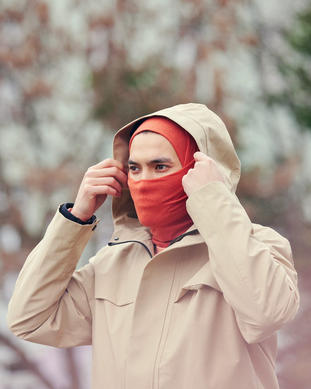 Cinnamon Coloured Buff Original EcoStretch Neckwear on blurry background