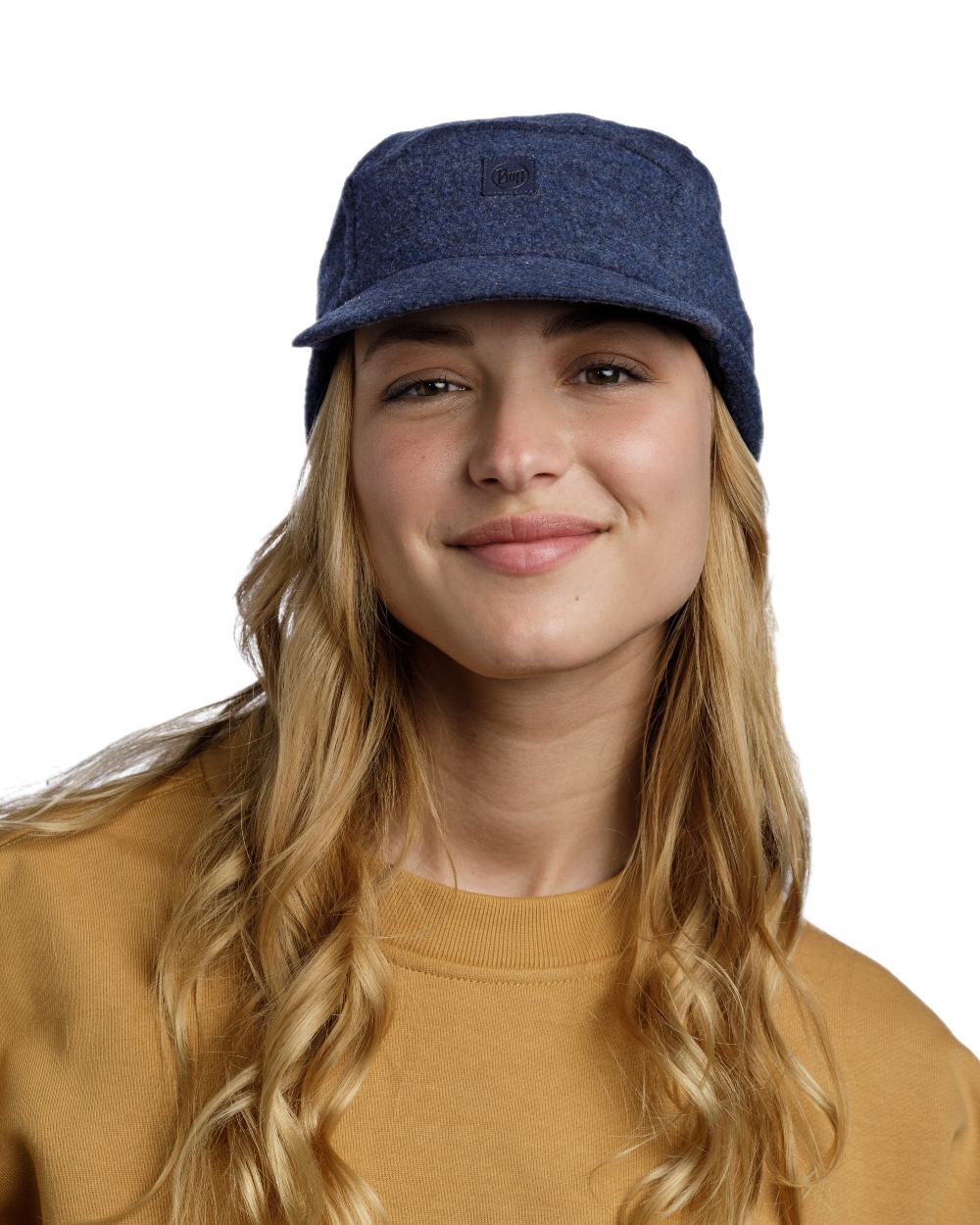 Navy Coloured Buff Pack Merino Fleece Cap on white background