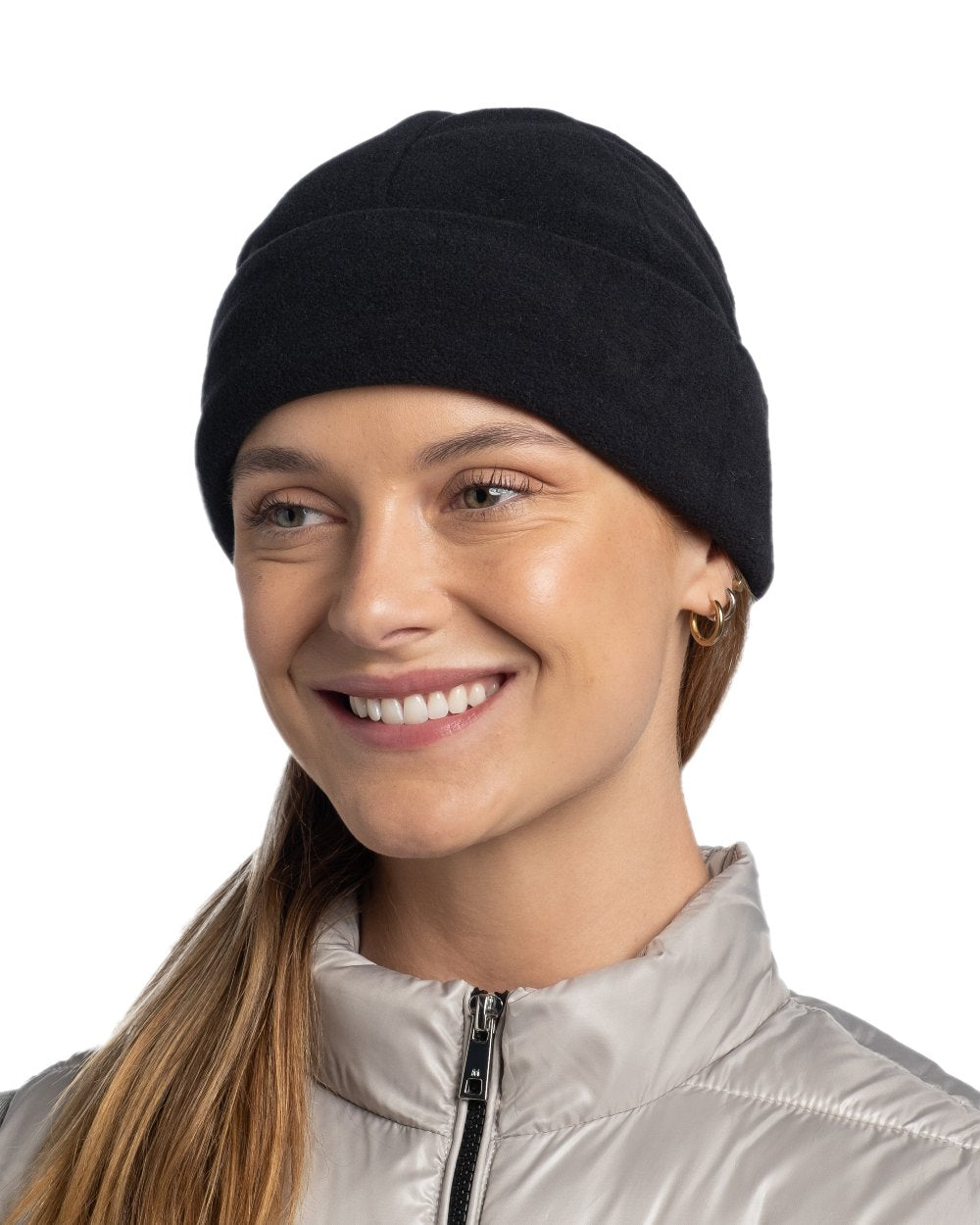 Black Coloured Buff Polar Prints Beanie on white background