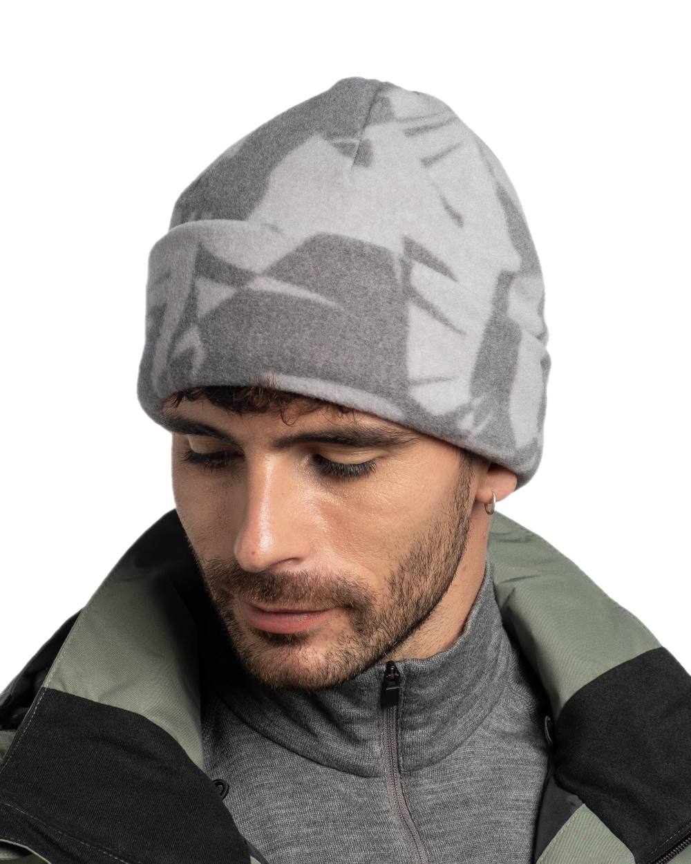 Bondu Grey Coloured Buff Polar Prints Beanie on white background