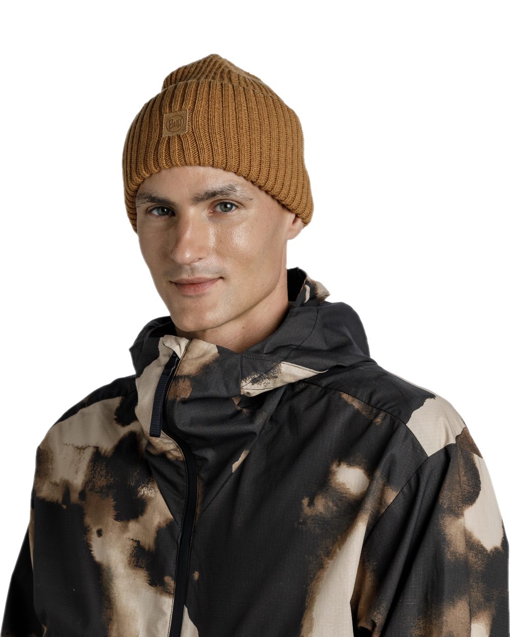 Copper Coloured Buff Rutger Knitted Beanie on white background