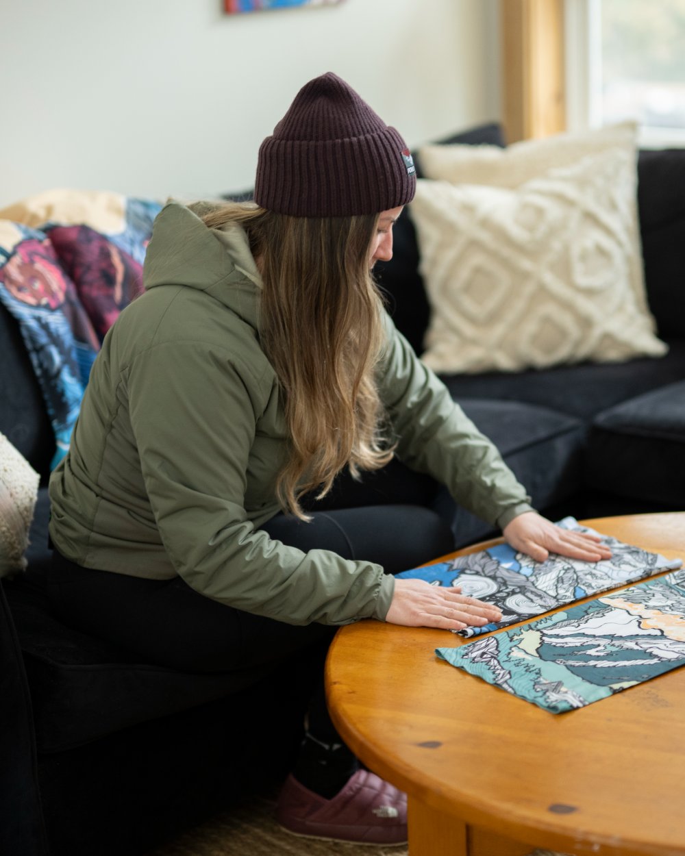 Purple Coloured Buff Rutger Pow Shadow Knitted Beanie on wall background