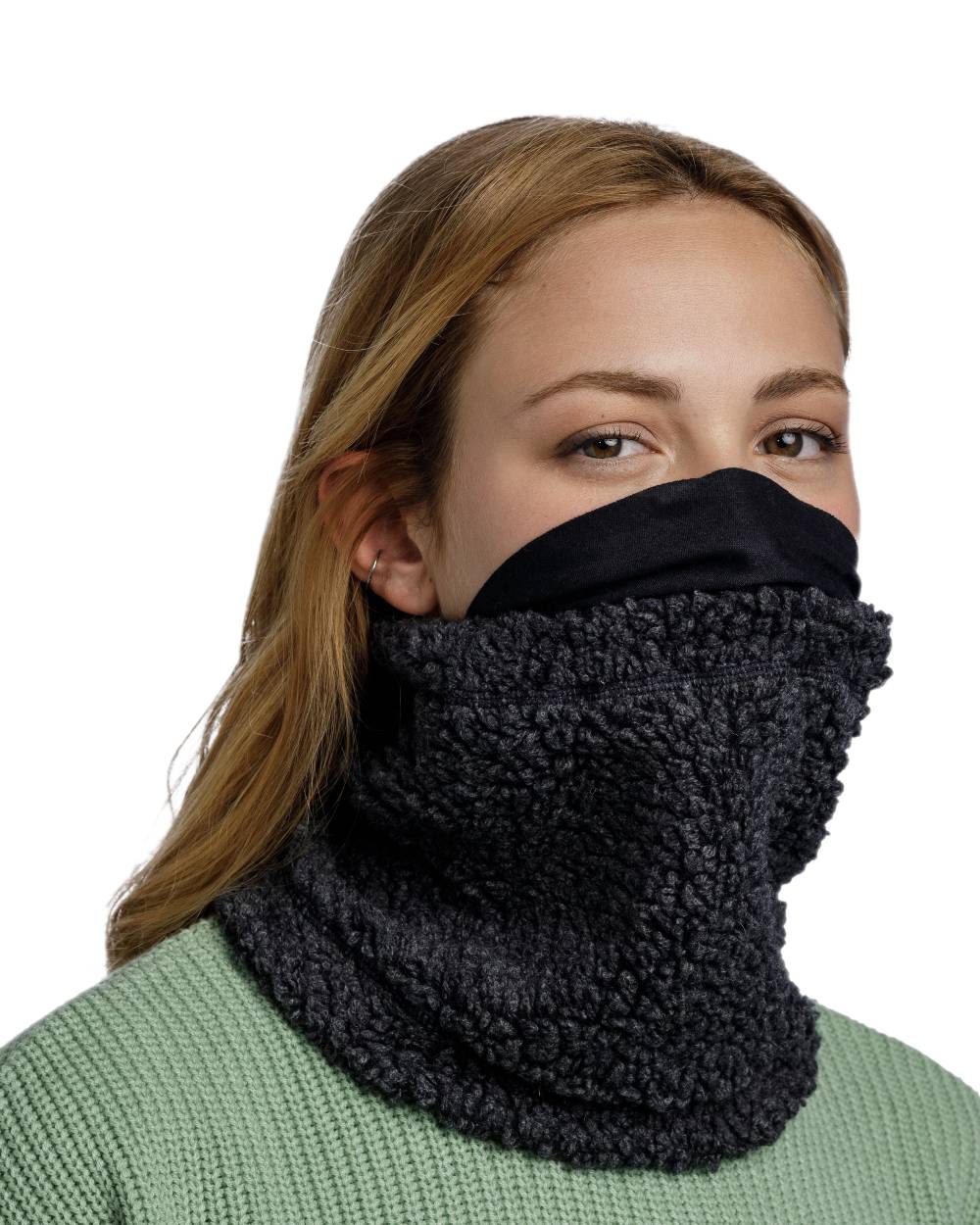 Black Coloured Buff Switch Polar Neck Warmer on white background