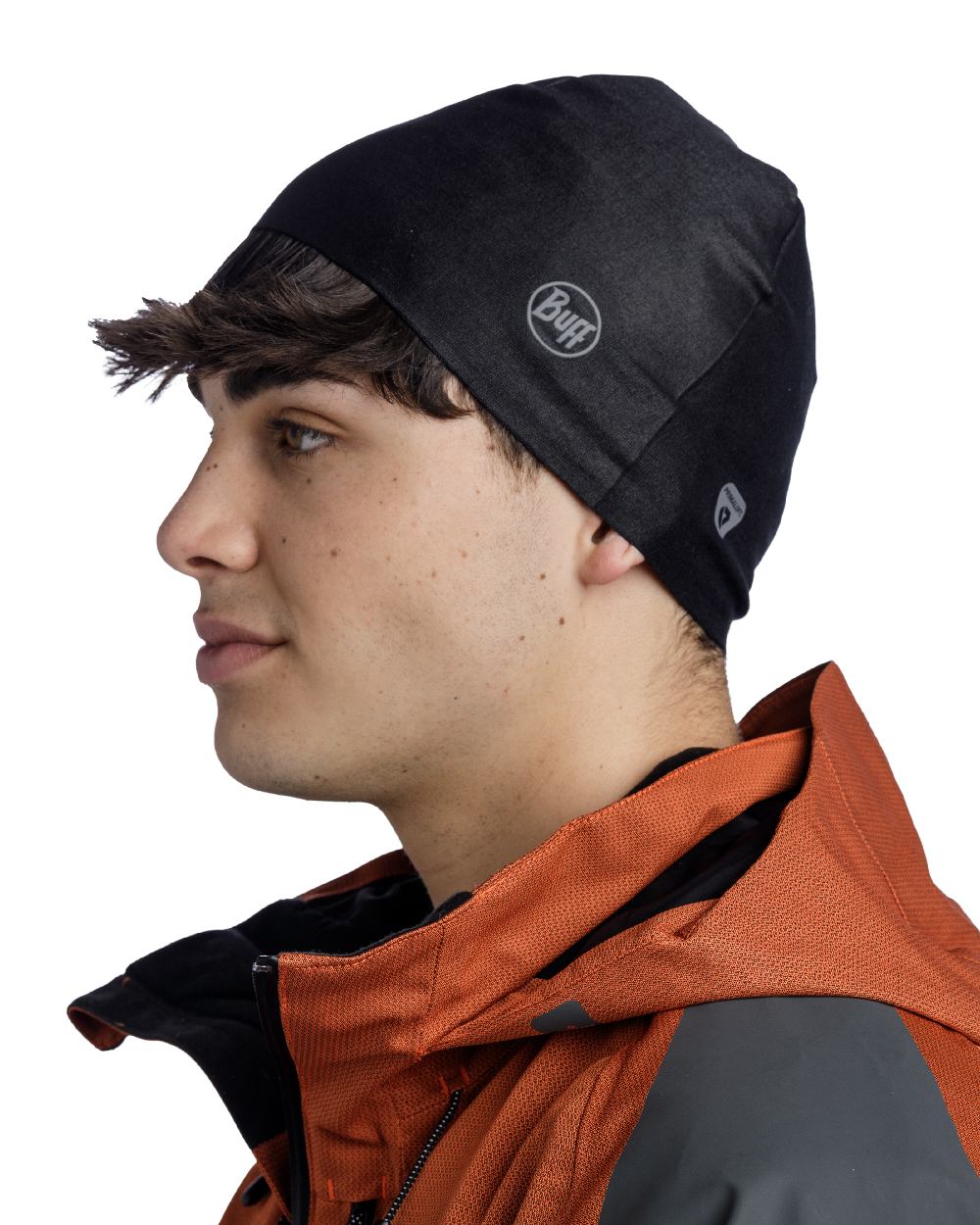 Black Coloured Buff Thermonet Beanie on white background
