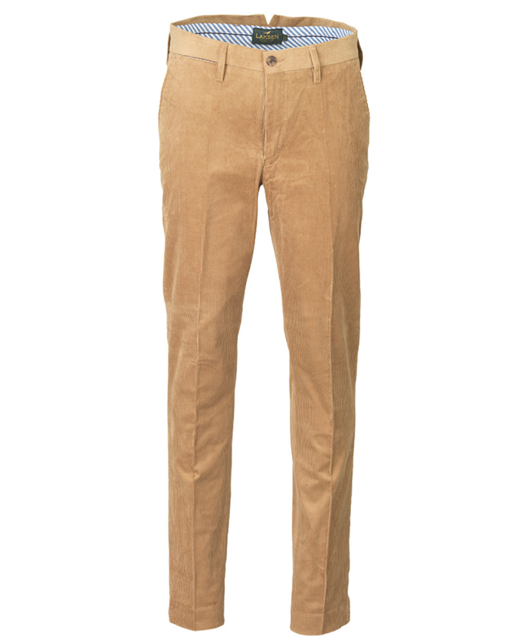 Camel Coloured Laksen Mayfair Corduroy Trousers On A White Background 