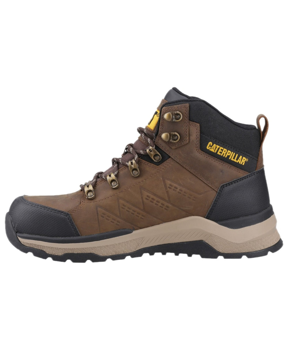 Brown Coloured Caterpillar Mens Inductor Leather Mid Safety Boots on white background