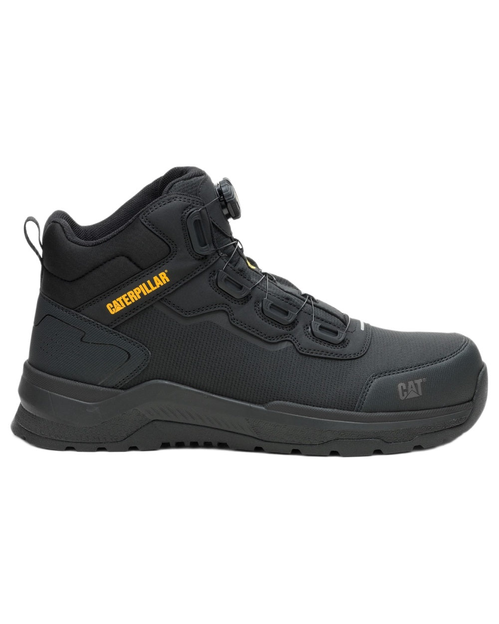Black Coloured Caterpillar Mens Inductor Tech Mid Safety Boots on white background