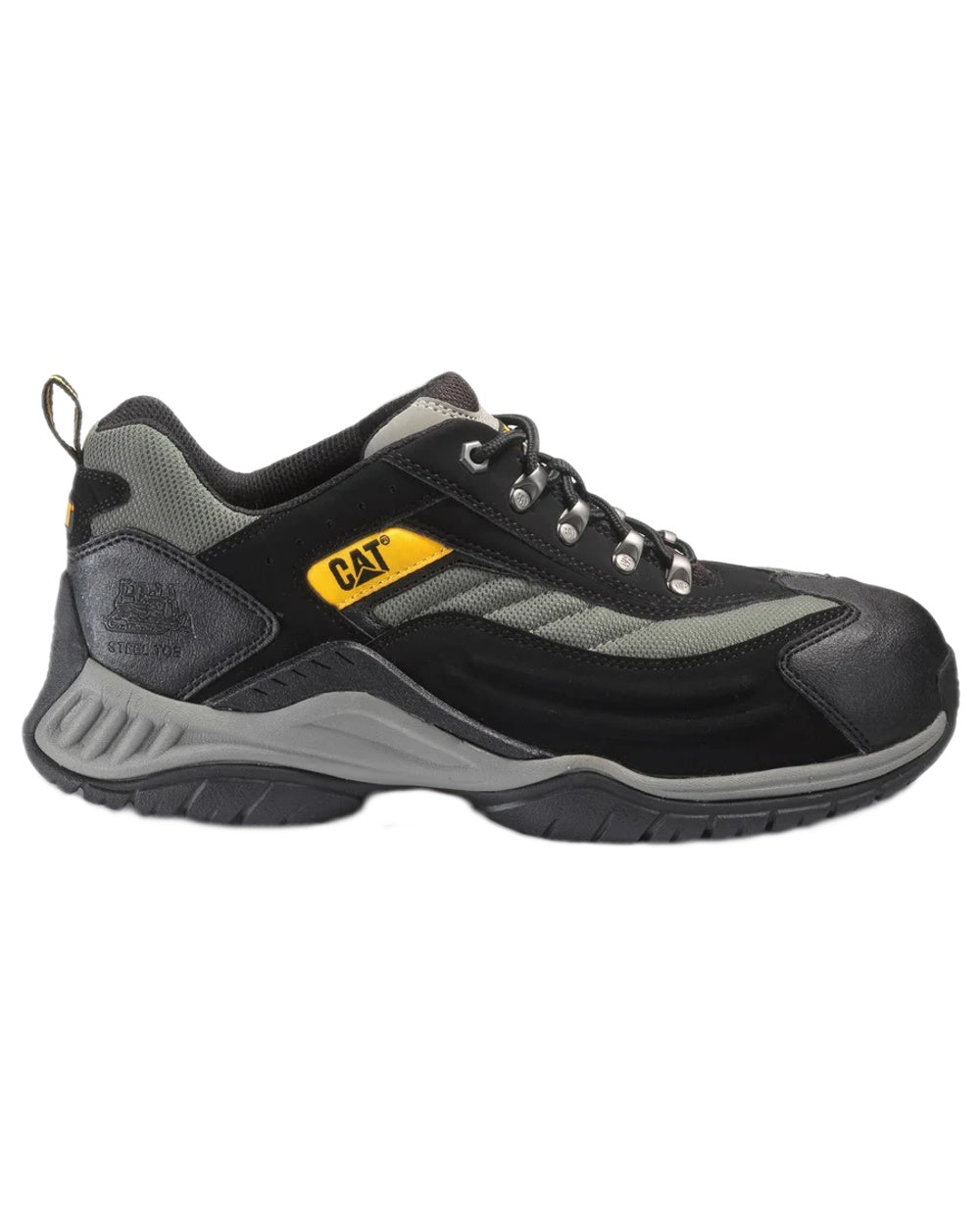 Black Grey Coloured Caterpillar Mens Moor Safety Trainer on white background