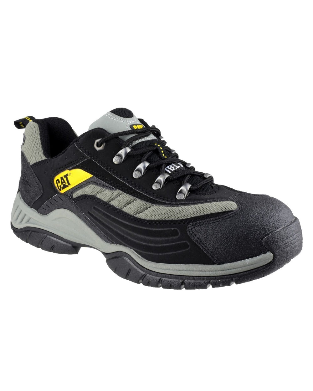 Black coloured Caterpillar Mens Moor Safety Trainers Clearance on white background