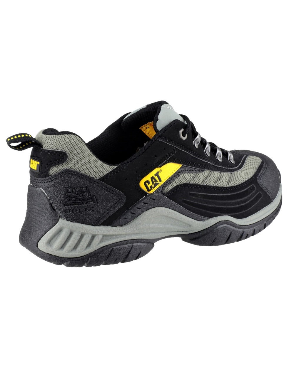 Black coloured Caterpillar Mens Moor Safety Trainers Clearance on white background