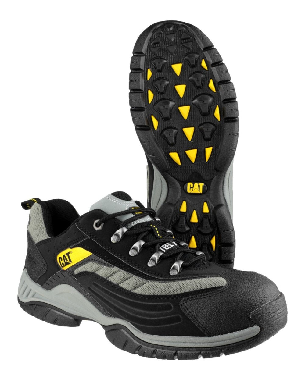 Black coloured Caterpillar Mens Moor Safety Trainers Clearance on white background