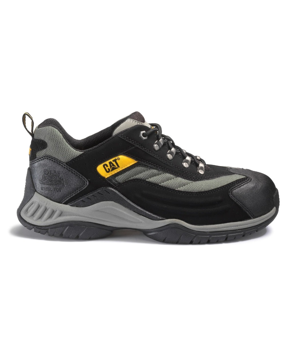Black coloured Caterpillar Mens Moor Safety Trainers Clearance on white background