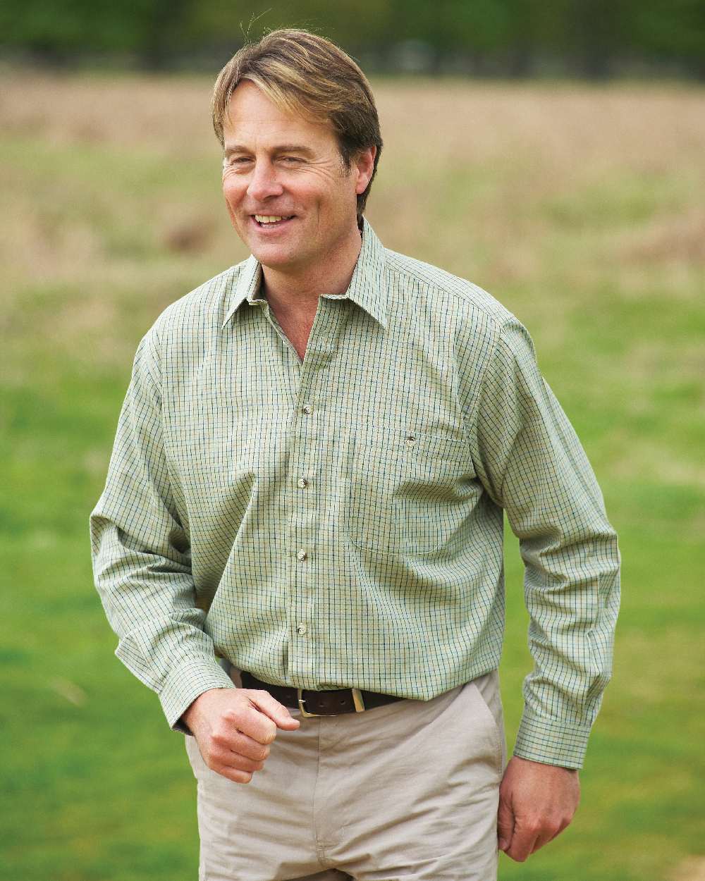 Green Olive coloured Champion Cartmel Field Tattersall Shirt on lawn background