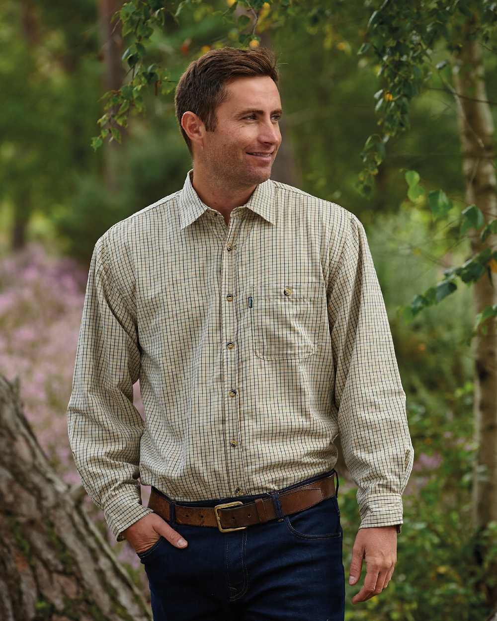 Beige Stone coloured Champion Cartmel Micro Fleece Lined Tattersall Shirt on forest background