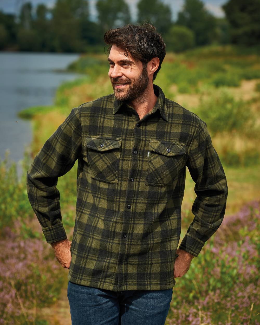 Green coloured Champion Eskdale Fleece Lined Shirt on river background