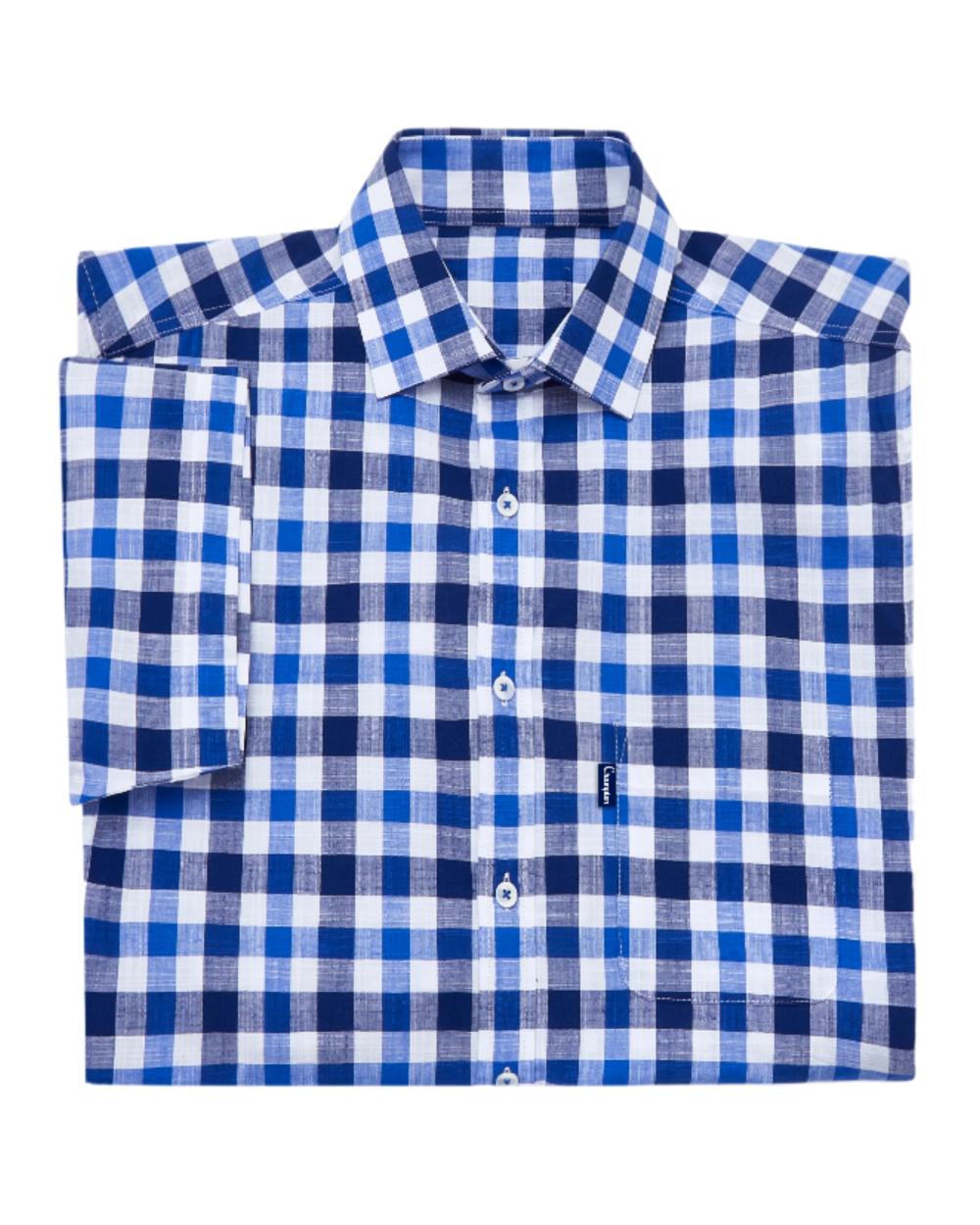 Blue coloured Champion Holkham Short Sleeved Shirt on white background