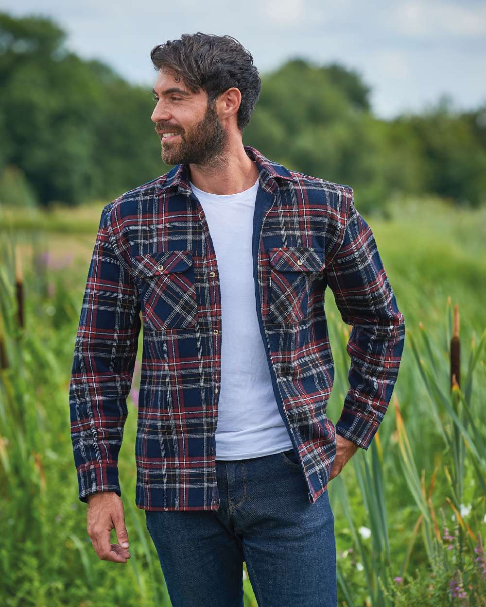 Navy coloured Champion Kenmore Shirt on farm background