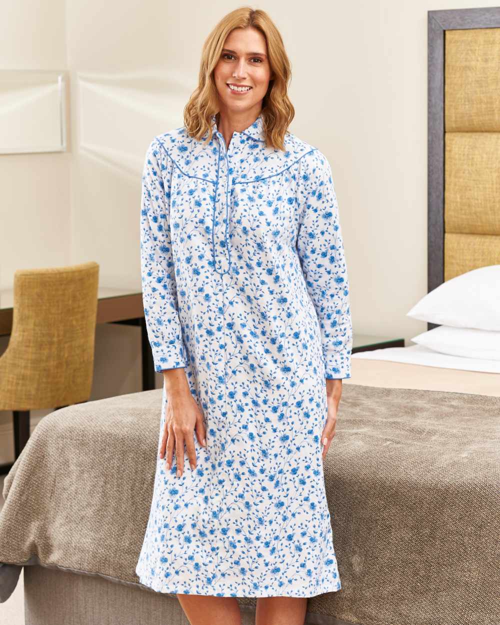 Blue Flower coloured Champion Ladies Eleanor Nightdress on wall background