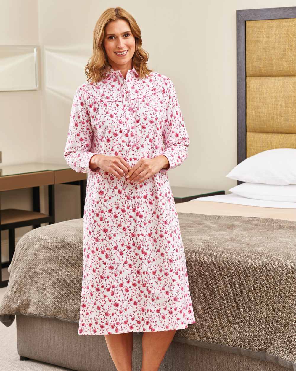 Pink Flower coloured Champion Ladies Eleanor Nightdress on wall background
