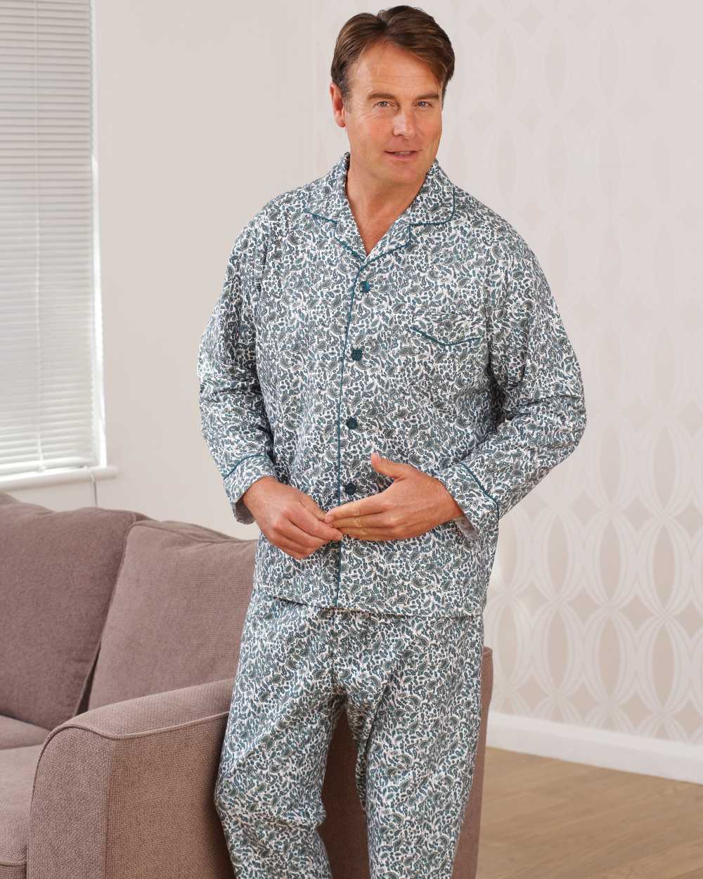 Green colour Champion Paisley Pyjamas on house background