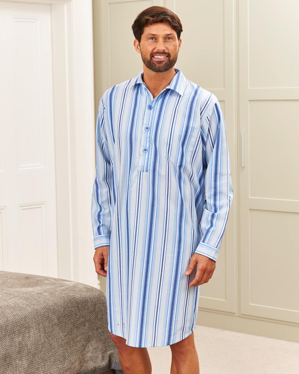 Blue Stripe coloured Champion Westminster Nightshirt on door background