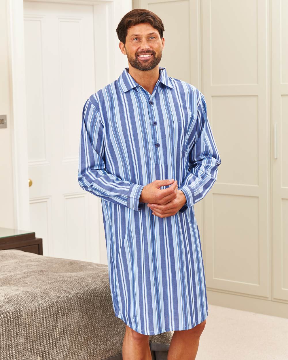 Navy Stripe coloured Champion Westminster Nightshirt on door background
