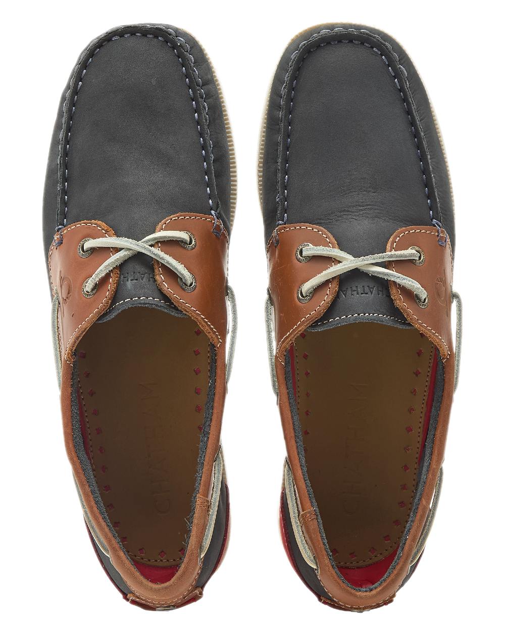 Navy Tan Coloured Chatham Mens Galley II Leather Boat Shoes on white background