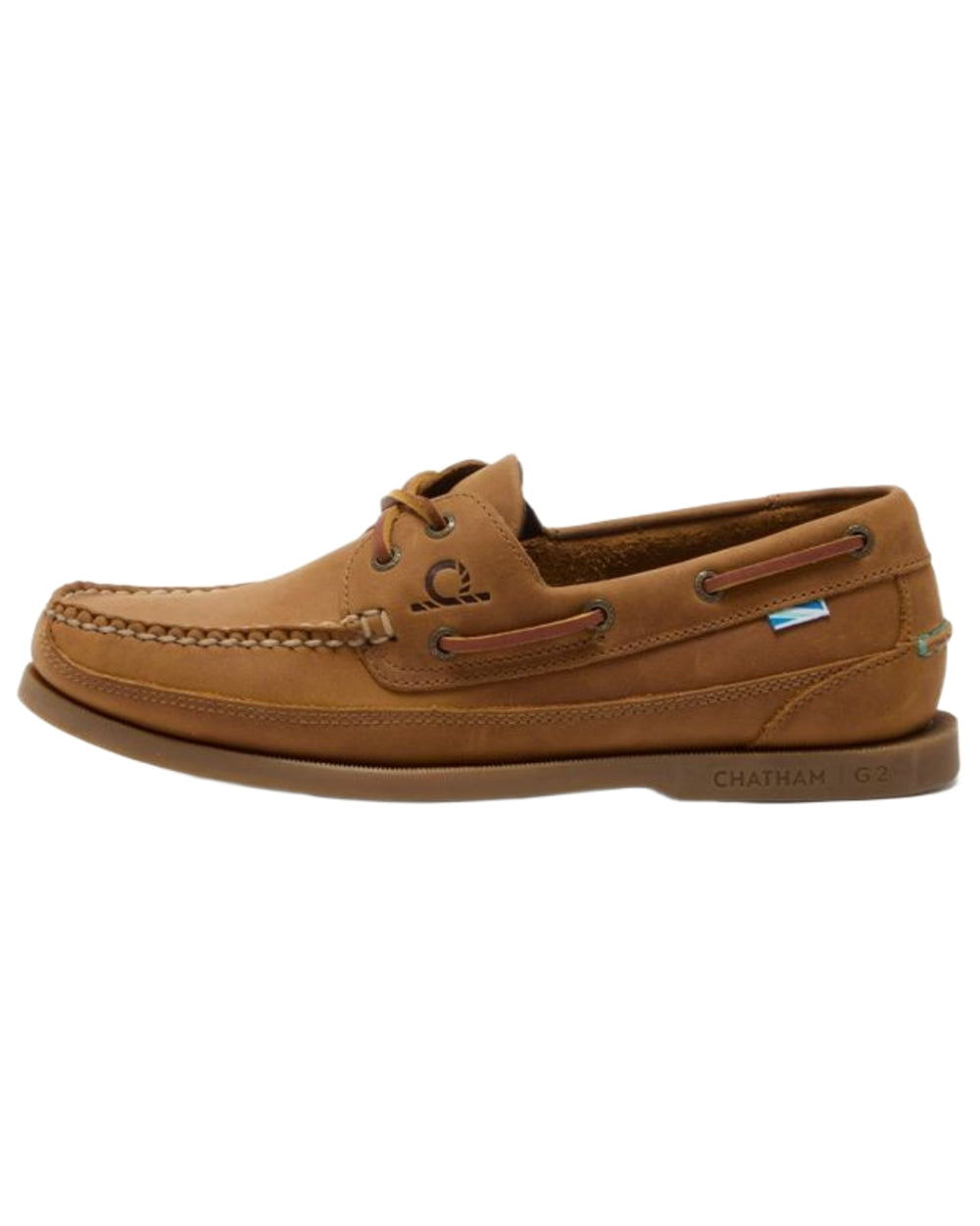 Walnut coloured Chatham Mens Kayak II G2 Leather Boat Shoes on white background
