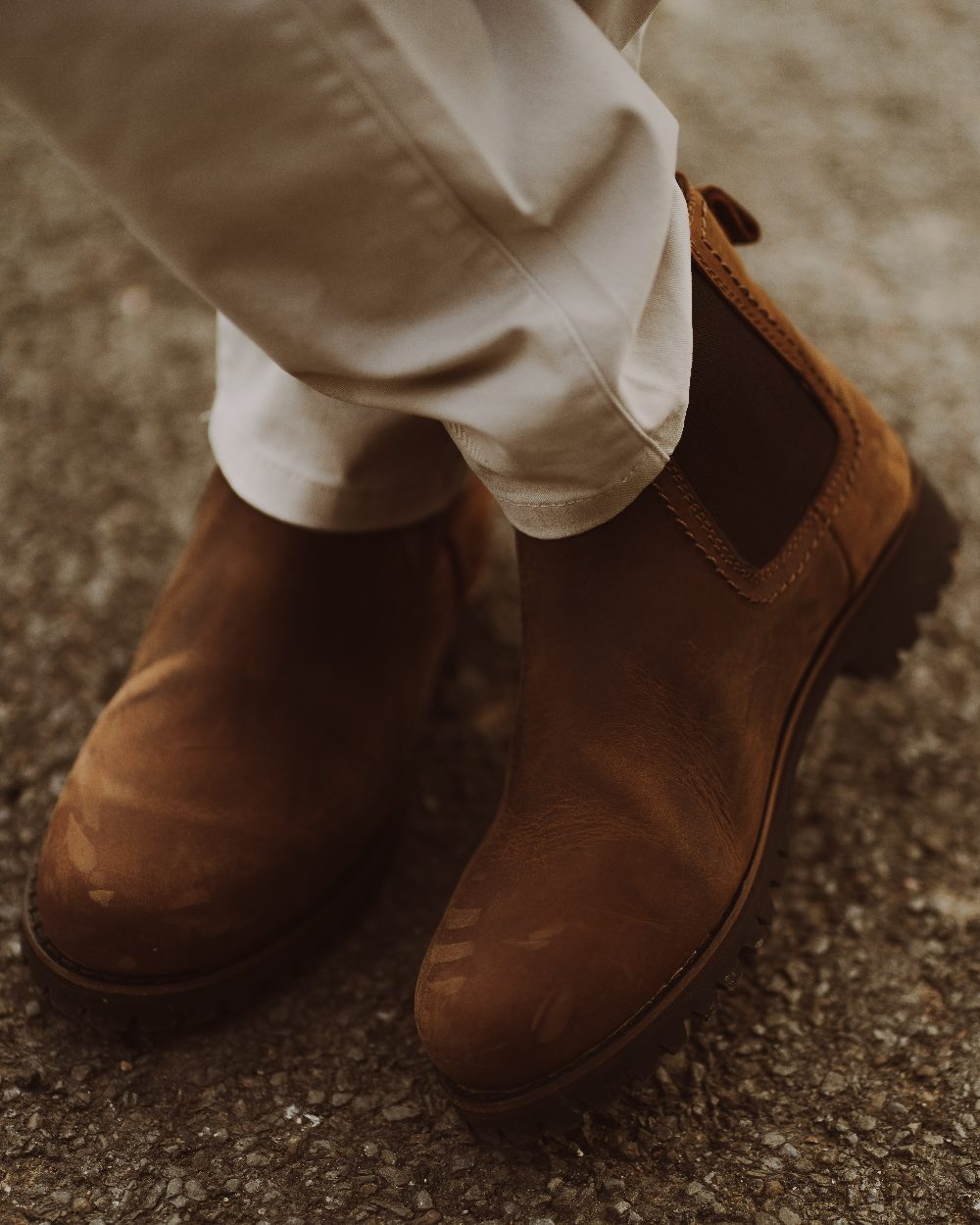 Walnut Coloured Chatham Mens Southill II Waterproof Chelsea Boots on street background